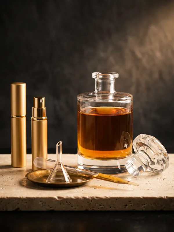 Odlewanie perfum z oryginalnego flakonu pipetą do złotego atomizera